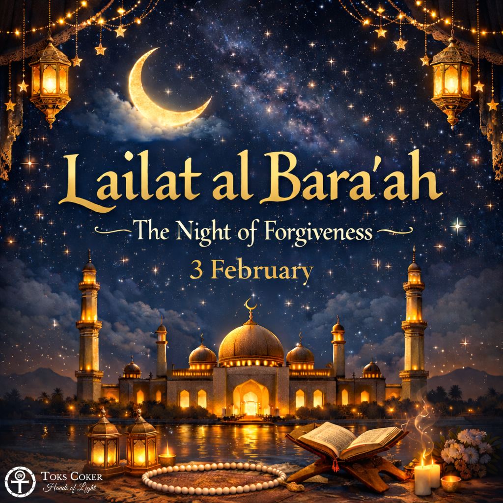 Lailat al Bara’ah, Night of Forgiveness, God blesses all humans, fortunes of men for the coming year are decided, God may forgive sinners

#ToksCoker #HandsOfLight #NightOfForgiveness #godblesshumanity #fortunesofmen #GodForgives #GodForgivesYou #GodForgiveMe #ancestralhealing