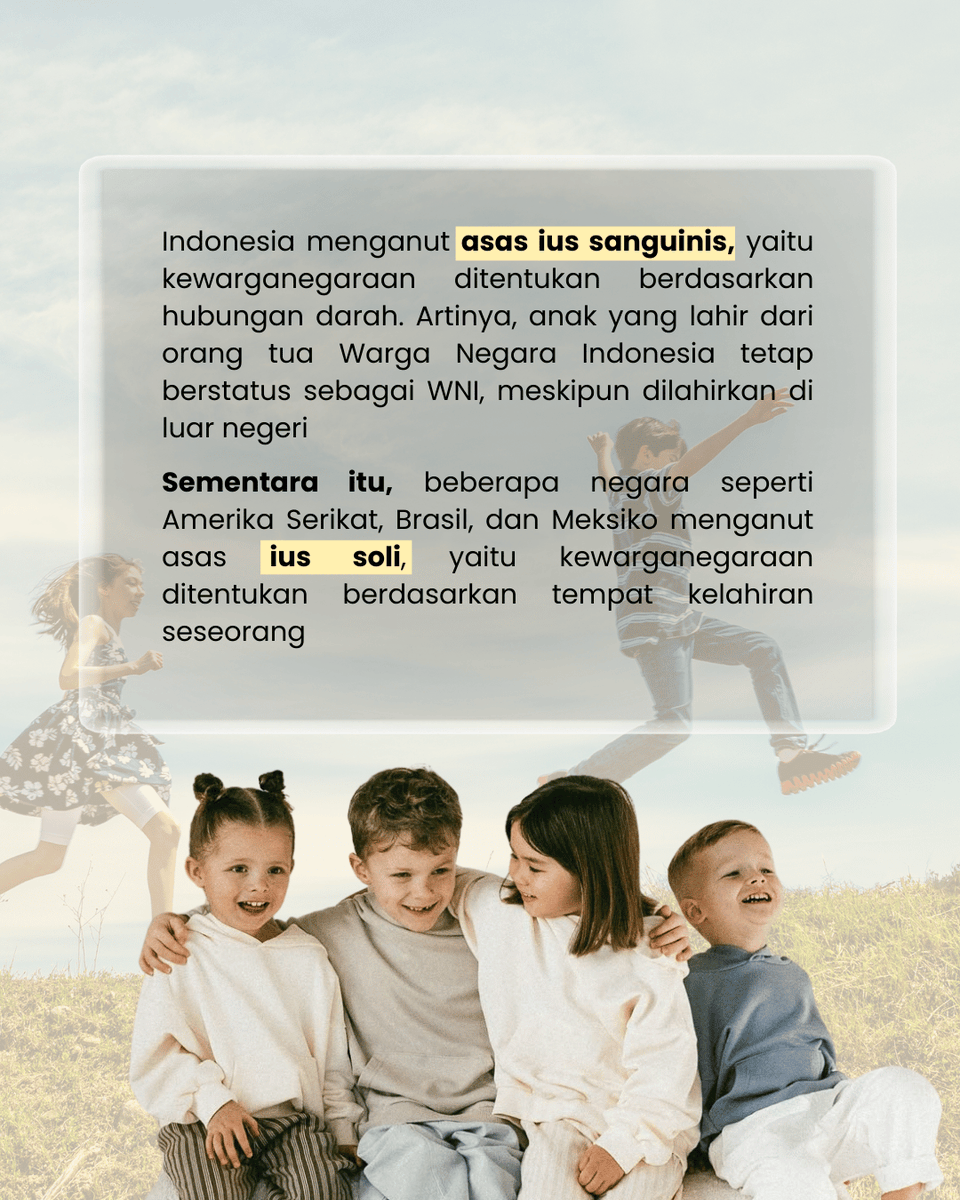 Sobat Mido, tahukah kamu? 👶🌍
Indonesia menganut asas ius sanguinis, di mana kewarganegaraan anak ditentukan berdasarkan hubungan darah orang tua.
Yuk, pahami aturannya sejak dini agar status kewarganegaraan anak tetap aman dan tertib secara hukum 🇮🇩✨
#Affidavit 
#Kemenimipas