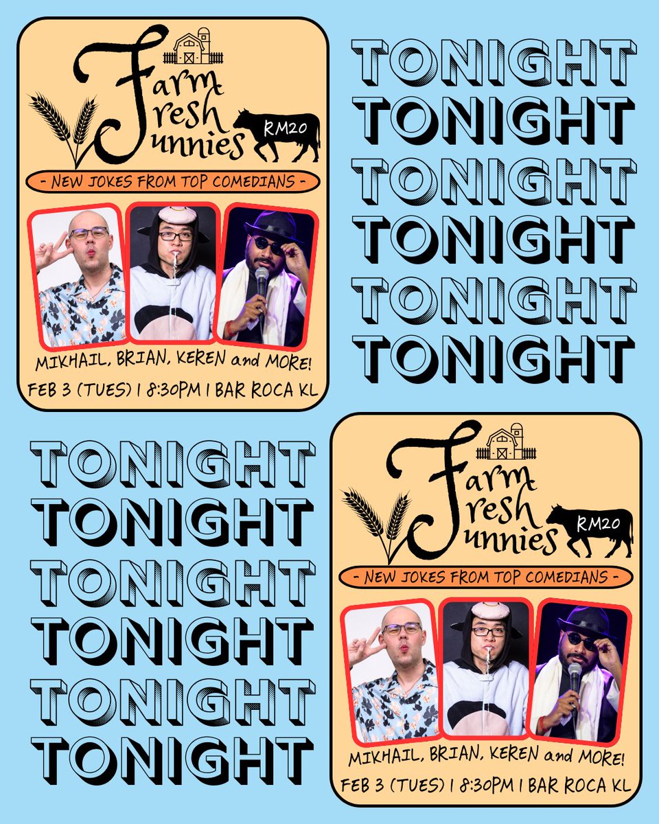 TONIGHT! FARM FRESH FUNNIES is a live stand-up comedy show featuring some of KL's most prolific comedians. New jokes, great atmosphere, all for only RM20! There's no better deal out there. Limited seats left so book now at forms.gle/Zym98rNGaGWCFr…