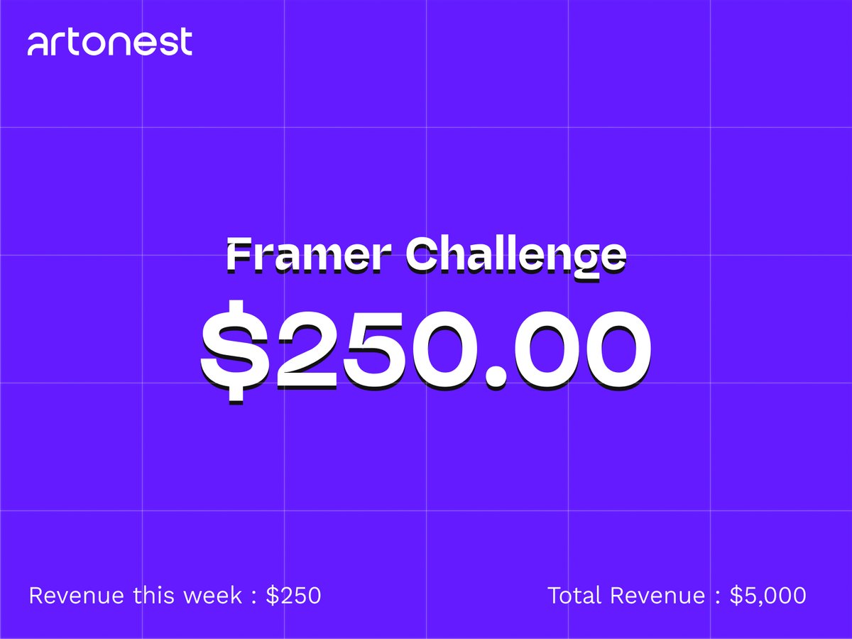 artonestcom's tweet photo. We’re starting the #FramerChallenge today,
Week 38 of #FramerChallenge

This week, we focused on client work and refining UI, motion, and responsiveness.

Revenue this week: $250
Total revenue: $250 / $5,000
Building consistently and sharing the journey. https://t.co/TxqdyZD544