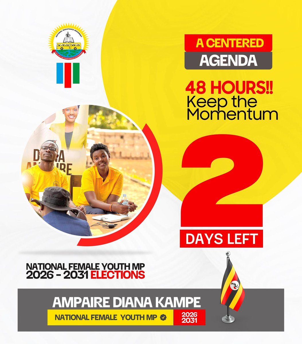 Diana4NFYMP2026's tweet image. 2 DAYS TO VICTORY! The Centered Youth Agenda focuses on fighting unemployment, reducing poverty, and prioritizing youth in government recruitment - because when youth thrive, Uganda thrives. Together, we'll build a nation where no one is left behind. #DianaTo12thParliament
