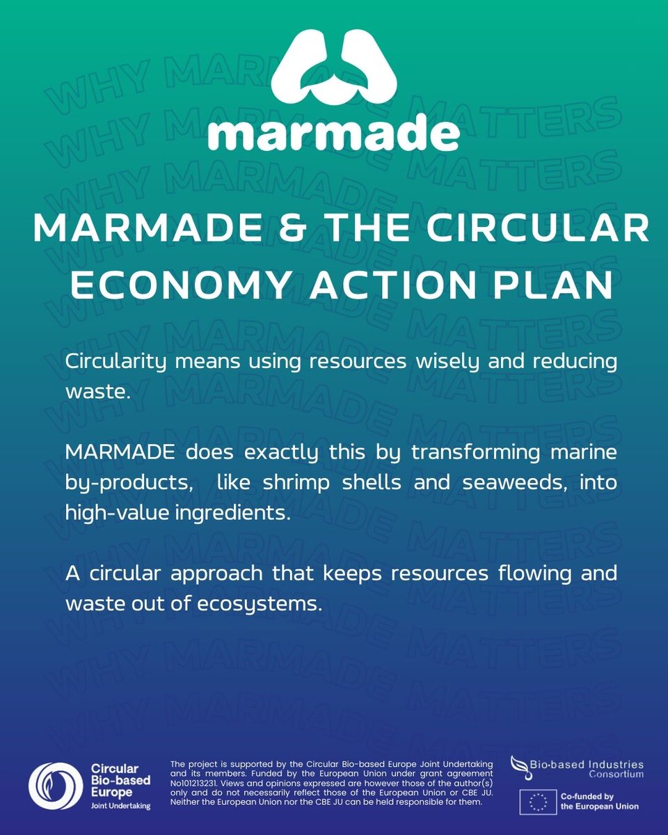 🇪🇺 𝐖𝐡𝐲 𝐌𝐀𝐑𝐌𝐀𝐃𝐄 𝐌𝐚𝐭𝐭𝐞𝐫𝐬 𝐟𝐨𝐫 𝐄𝐮𝐫𝐨𝐩𝐞
🔄 Circular Economy in action.
MARMADE turns marine by-products (shrimp shells &amp; seaweeds) into high-value ingredients, cutting waste and keeping resources in use.

🔗 tinyurl.com/42vrpa4z

#MARMADE #CBEJU