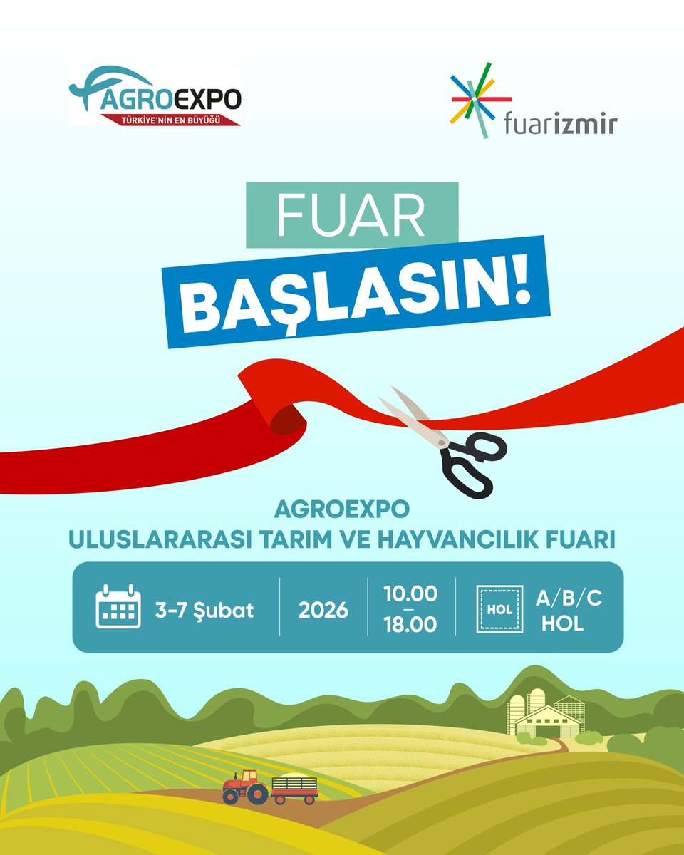 Fuar başlasın! | AGROEXPO 21. Uluslararası Tarım ve Hayvancılık Fuarı 3-7 Şubat tarihleri arasında Fuarizmir’de. Ücretsiz online bilet için agroexpo.com.tr adresini ziyaret edebilirsiniz.

⏰ 10.00-18.00
📌 Fuarizmir A/B/C Hol, Gaziemir