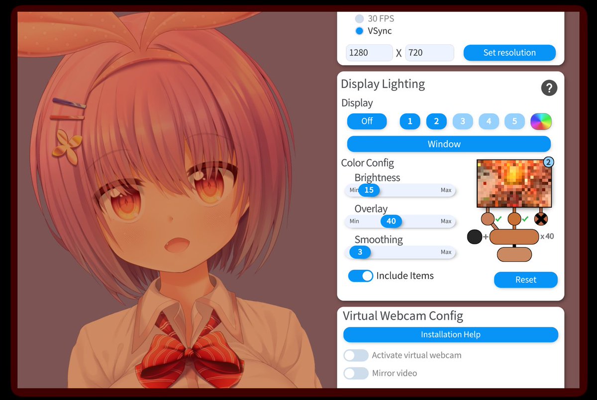 Hoshia_Vtuber's tweet image. 덜 알려진 부분인데, obs에 따로 플러그인 설치할 필요 없이 vtube studio에 기본으로 포함된 기능이에요.
모니터 선택해서 그 모니터의 색감에 맞는 라이팅을 모델에 씌워줘요