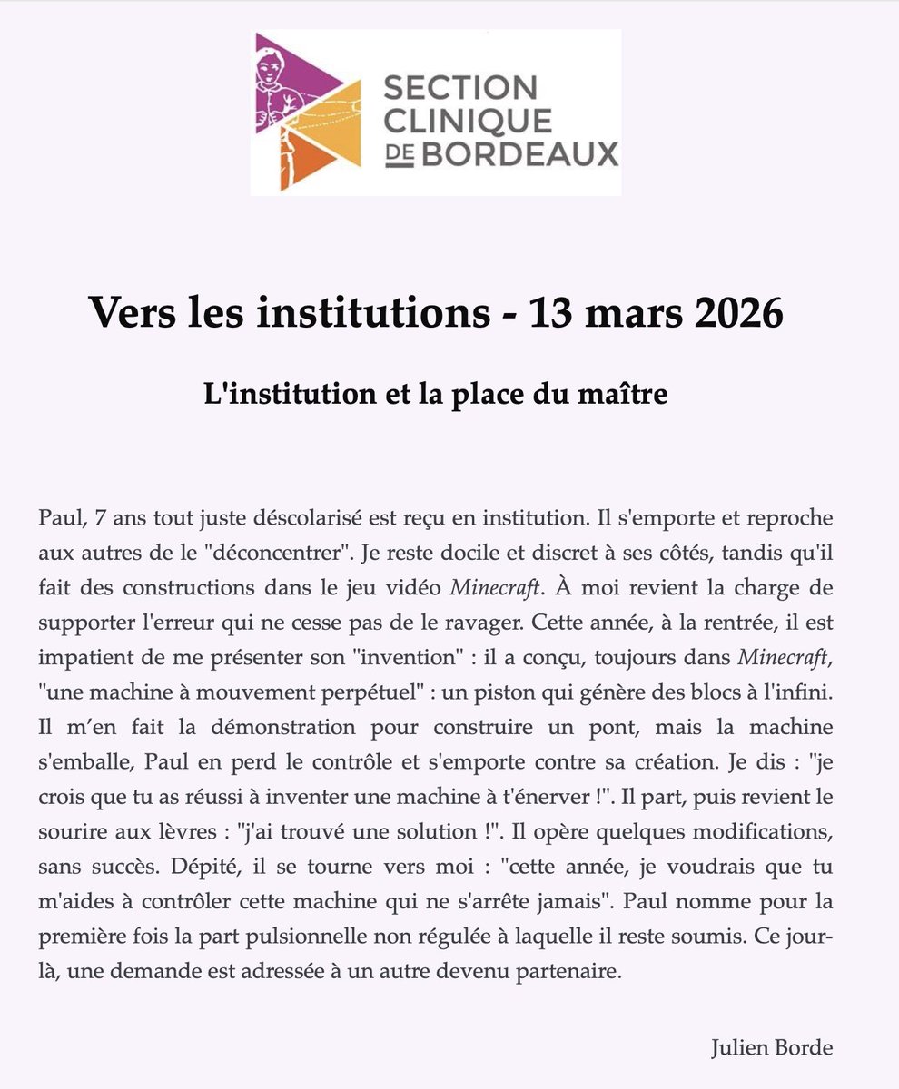 Vers les institutions - 13 mars 
L'institution et la place du maître 
Avec Laurent Dupont, psychanalyste, membre de l'ECF et de l'AMP  

S'inscrire
drive.google.com/file/d/1Pi9X0V…

Lire l'argument
sectioncliniquedebordeaux.fr/vers-les-insti…