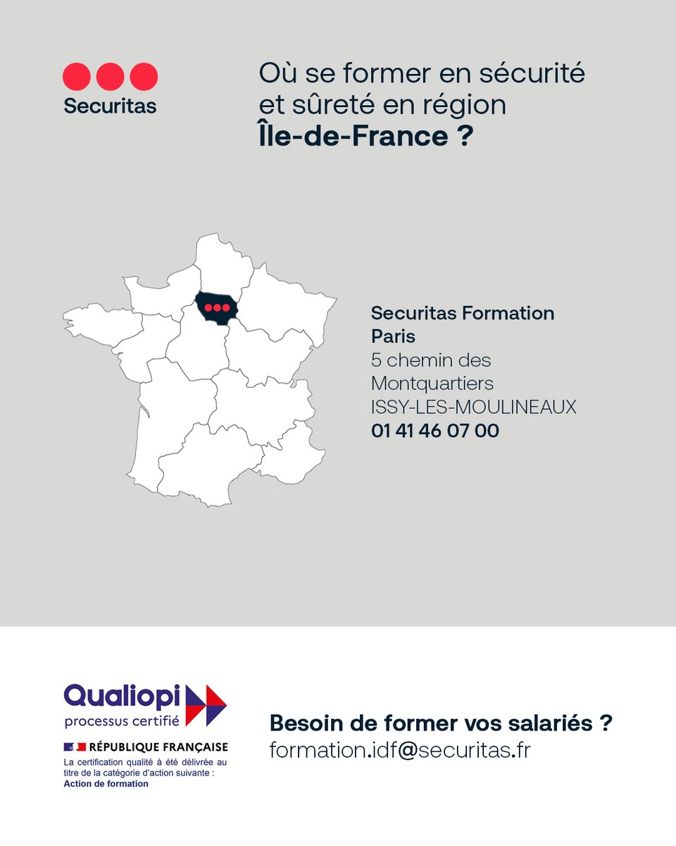 🔴🔴🔴 Professionnels de la #sécurité et de la #sûreté en Île-de-France : développez vos compétences avec Securitas Formation à Issy-les-Moulineaux !  

✅ Formations certifiées Qualiopi
✅ Proximité et expertise reconnue

Découvrez le programme 👉 securitas.fr/services-integ…