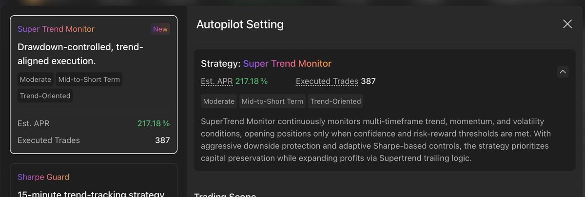 Minara autopilot has evolved!

Now you can select new strategy - Sper Trend Monitor which gonna replicate strategy you can see at benchmark page. It won't be exact same trades, but directions and position handling will use the same logic 

Printing continues <a href="/minara/">Minara AI</a>  to the