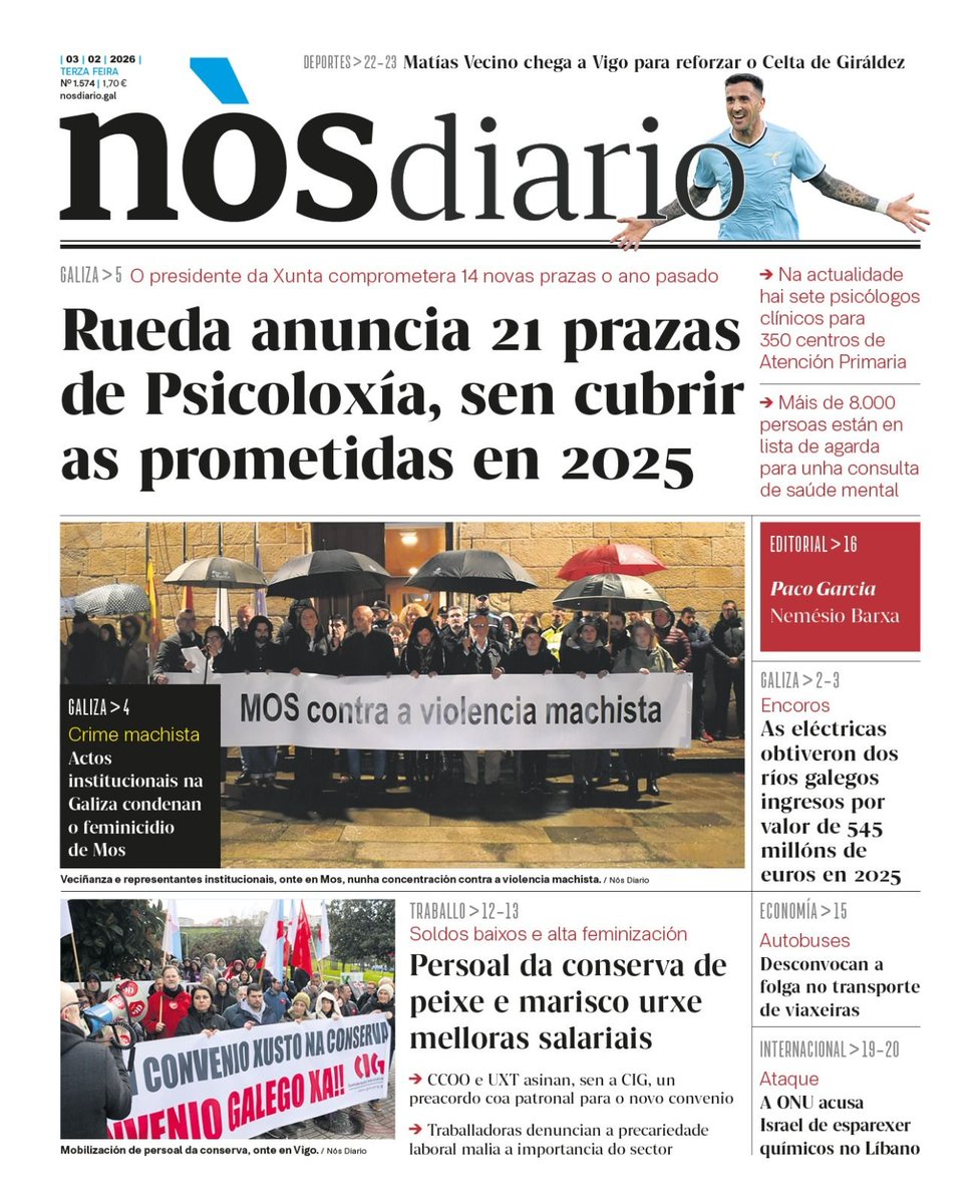 📰 Bo día! Eis a capa do 'Nós Diario' desta terza feira, 3 de febreiro.

🛒 Podes atopalo nos quiosques ou na nosa loxa en liña bit.ly/3saIH3Q

📝 Tamén podes subscribirte a 'Nós Diario' bit.ly/3GACRNg