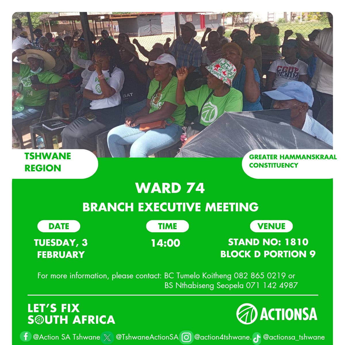 Ward 74 Planning for February! 🟢
ActionSA Hammanskraal Ward 74 is meeting to reflect on Jan successes &amp; plan for the month ahead. 🇿🇦 We’re turning our love for the community into action to Fix Tshwane!
🗓 Wed, 3 Feb | 14:00
📍 1810 Block D, Portion 9
#ActionSA #LetsFixTshwane