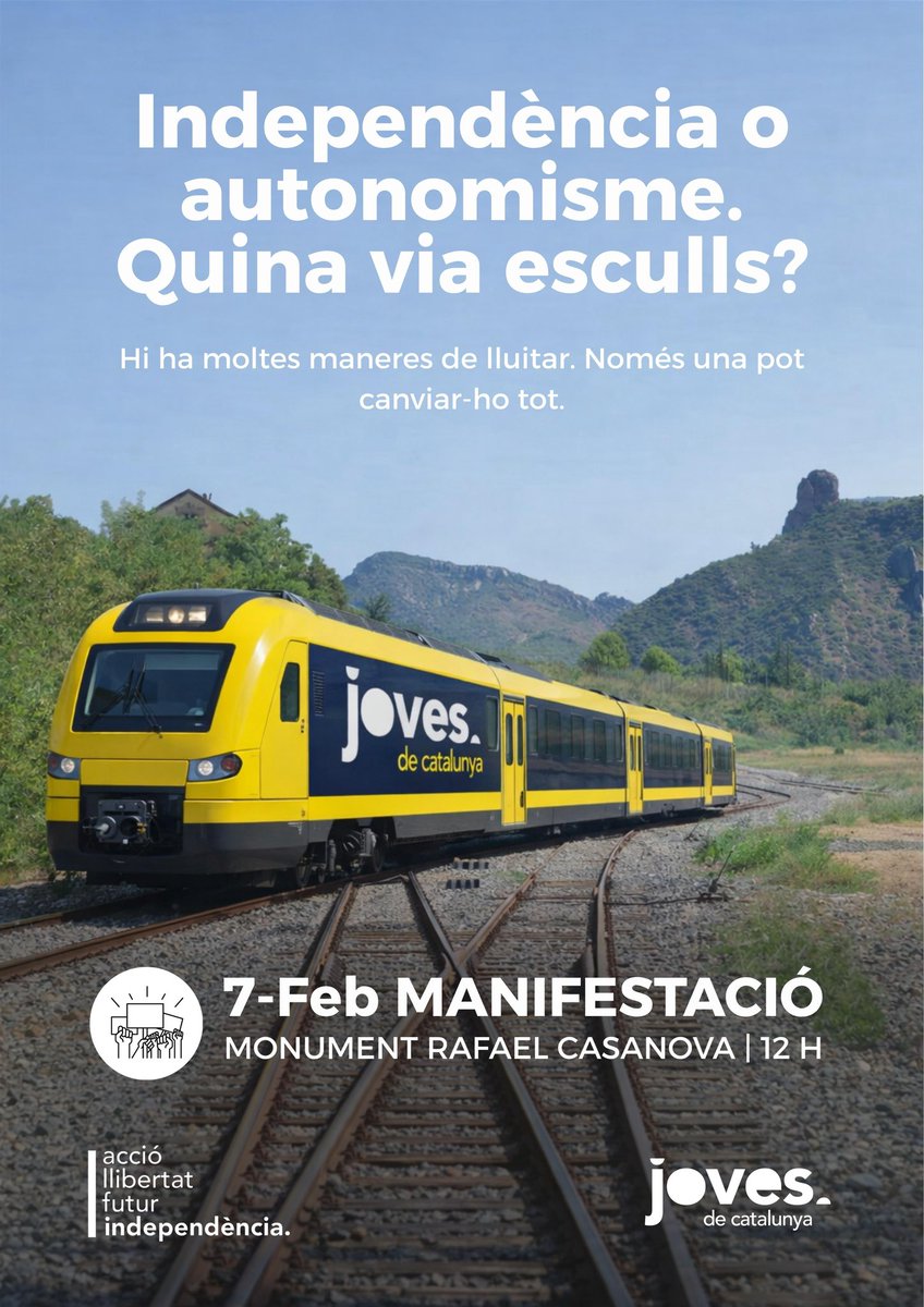 📣 PROU!

No totes les mobilitzacions són iguals.
N’hi ha que expressen malestar, i n’hi ha que decideixen el rumb.

📍Monument a Rafael Casanova-Barcelona
🕒12 h
✊🏻Independència o autonomisme. Quina via esculls?