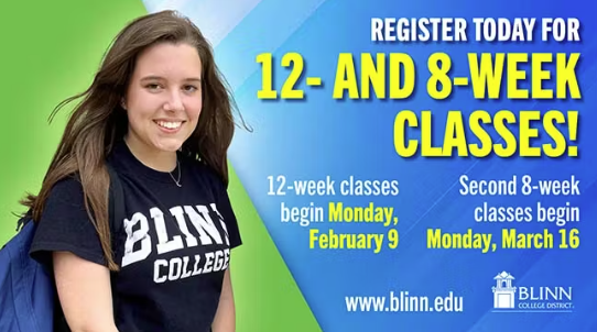 Looking to add a class to your spring schedule? Registration is open for 12- and 8-week courses. Register today to build your perfect schedule for the upcoming term

blinn.edu/admissions/reg…