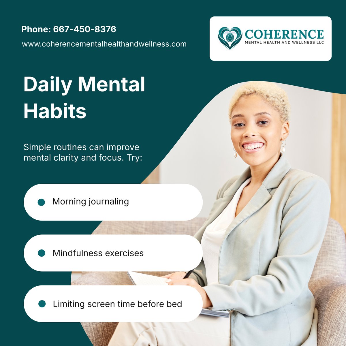 coherence_mh's tweet photo. Boost mental clarity with simple daily habits like journaling, mindfulness, and reducing screen time. Try these strategies today.

#BelAirMD #FallstonMD #EdgewoodMD #AbingdonMD #AberdeenMD #PerryvilleMD #BaltimoreMD #MentalHealthCare #MentalClarity #MindfulnessTips #HealthyHabits https://t.co/joHo63449H