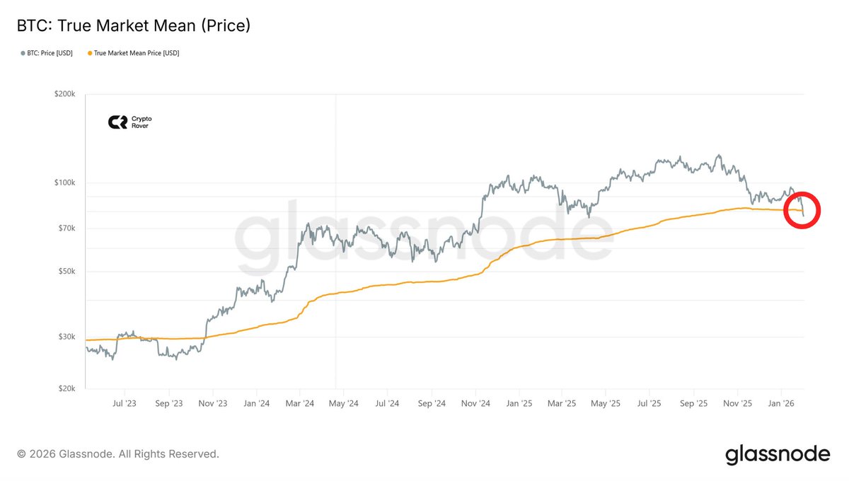 Bitcoin just dropped below its true market mean.

The true market mean represents Bitcoin's average cost basis across all holders.