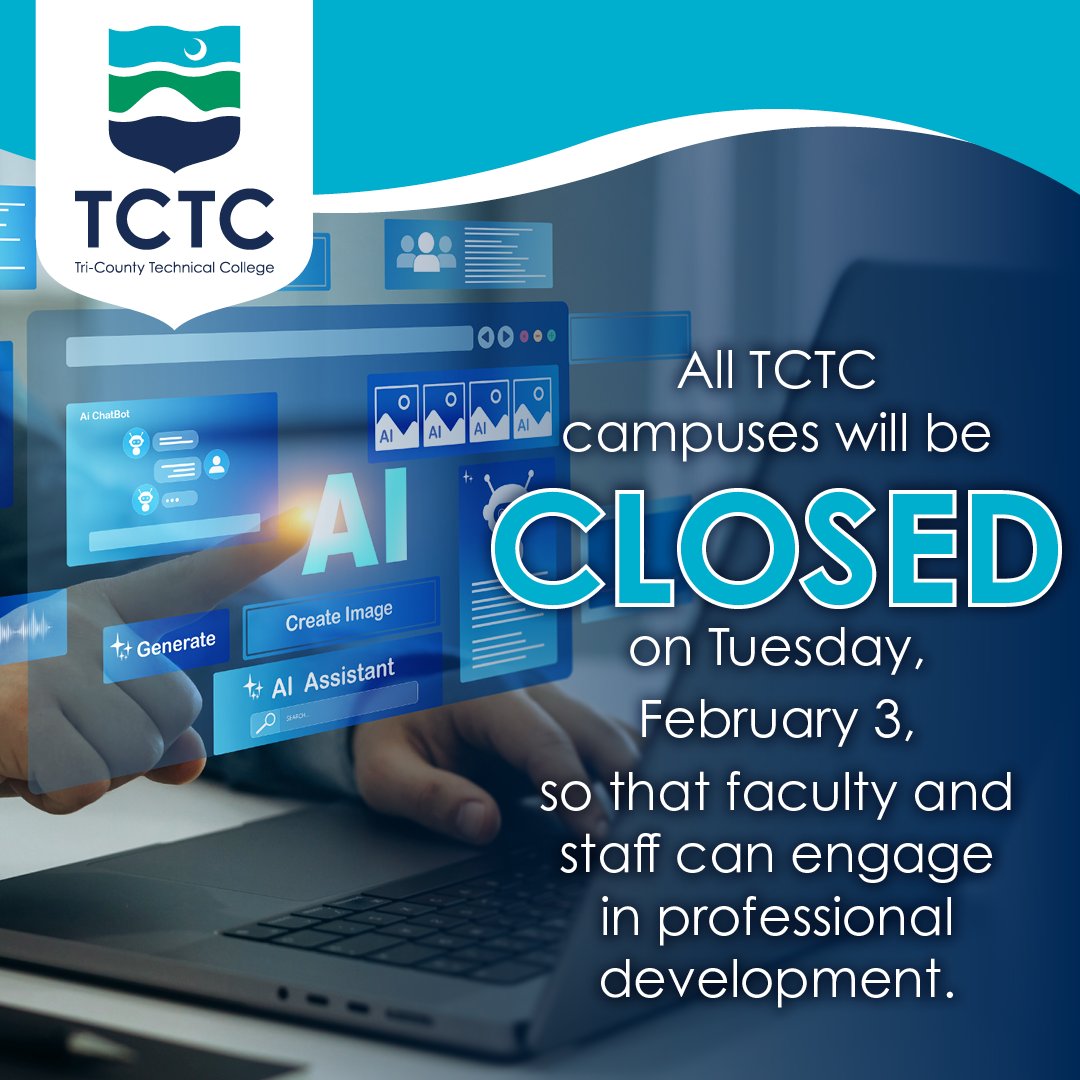 tctcedu's tweet photo. All TCTC campuses will be closed to the public on Tuesday, February 3, so that faculty and staff can engage in professional development. All campuses will resume a normal schedule Wednesday, February 4.

#tctcedu https://t.co/y3dj4E6irE