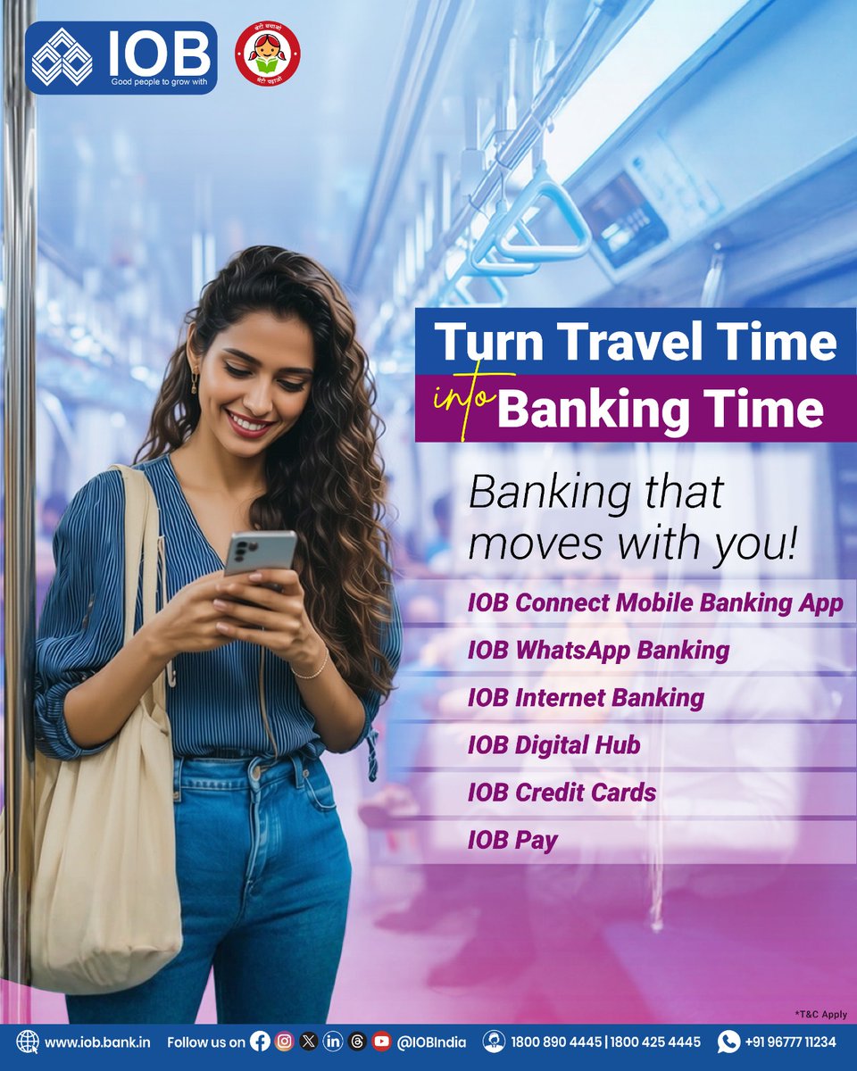 IOBIndia's tweet image. Your journey doesn’t stop—and neither does your banking.
Stay connected with IOB, on the go. 🚆📲

#DigitalBanking #SmartBanking #MobileBanking #BankingOnTheGo #CashlessIndia #BankAnywhere #CustomerFirst #IOB #IndianOverseasBank #DFS #RBI #IOBForYou