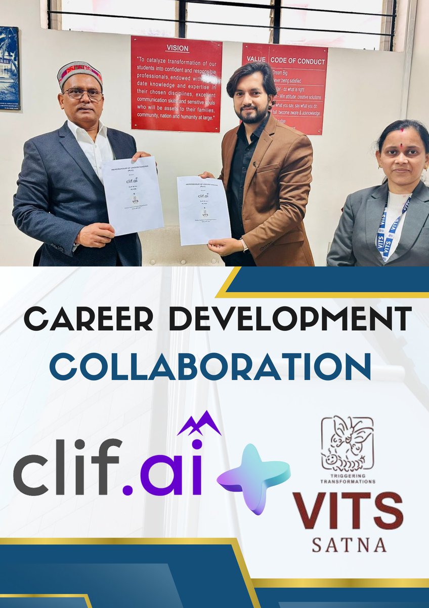 We are proud to announce that  VITS College Satna has signed a Memorandum of Understanding (MoU) with CLIF AI to strengthen career development and career readiness for students.

CLIF AI, a Princeton-based AI-powered career enablement platform, will work closely with VITS College