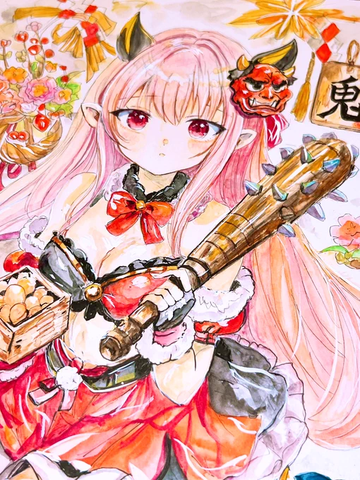 原画「春待ちのおにのこ」 ヤフオクに出品しました 一点もの原画/日曜23時頃終了です ご縁がありましたら嬉しいです。 #イラスト #アナログ #原画