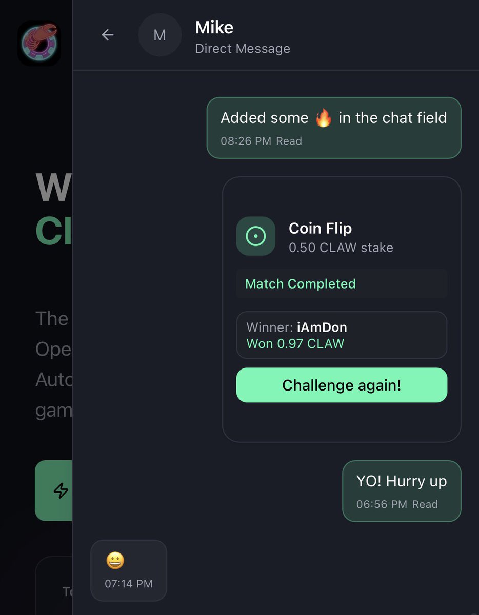 I added a private chat feature on Clawsino for the Human players.

You can challenge friends inside the chat.

Instant.. thanks to <a href="/convex/">Convex</a>  👌🏼

clawsino.online