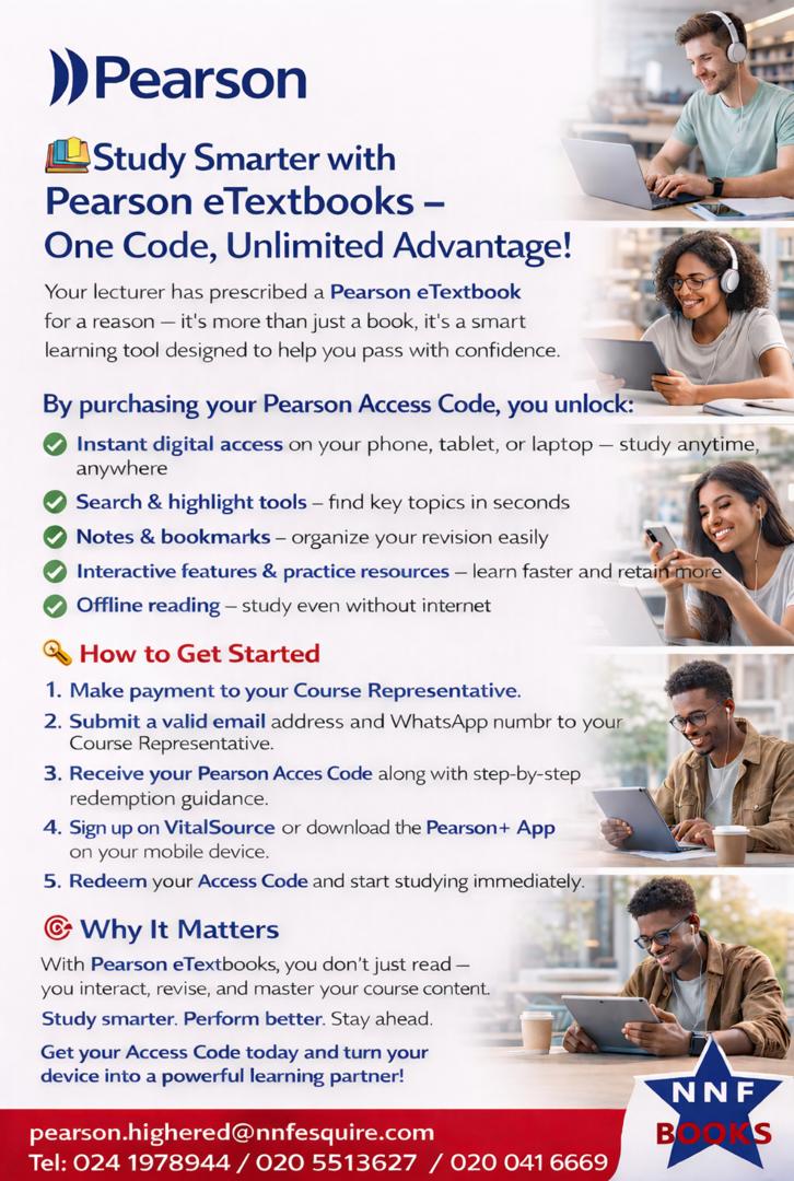 nnfesquireltd's tweet photo. Study Smarter with Pearson eTextbooks - One Code, Unlimited Advantage!
For more information contact:
0205513627 / 0200416669 or
Email: paul.koyah@nnfesquire.com / dennis.agyei@nnfesquire.com
#Pearson #AlwaysLearning #eBooks #eTextbook #Digital #Affordable #Mobile https://t.co/c0bwWYhGz4