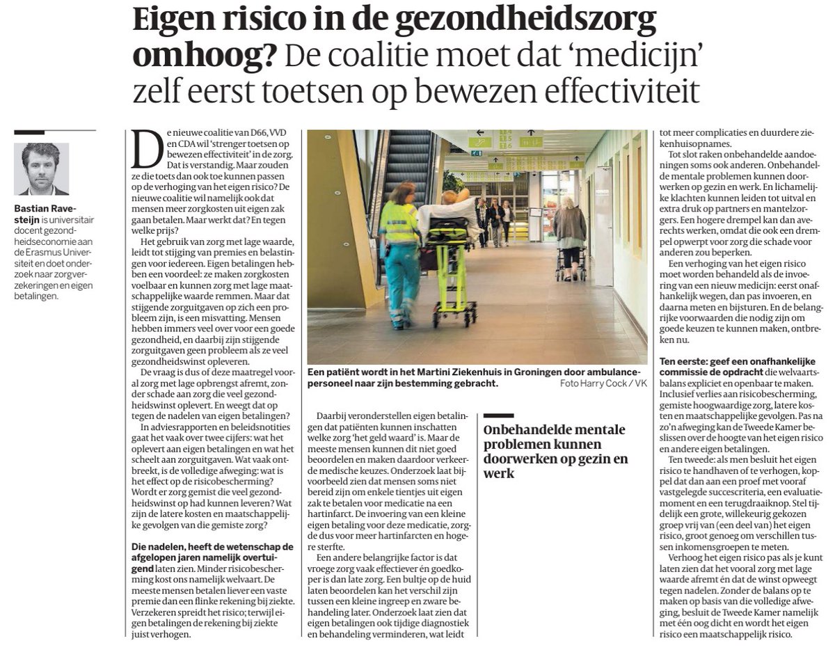 BRavesteijn's tweet photo. Vandaag schrijf ik in de @volkskrant: de nieuwe coalitie van D66, VVD en CDA wil “strenger toetsen op bewezen effectiviteit” in de zorg. Dat is verstandig.

Doe die toets dan óók vóór je het eigen risico verhoogt. 

Werkt het—en tegen welke prijs? 

https://t.co/pco8n8bNCj https://t.co/1kQ0DgDb9U