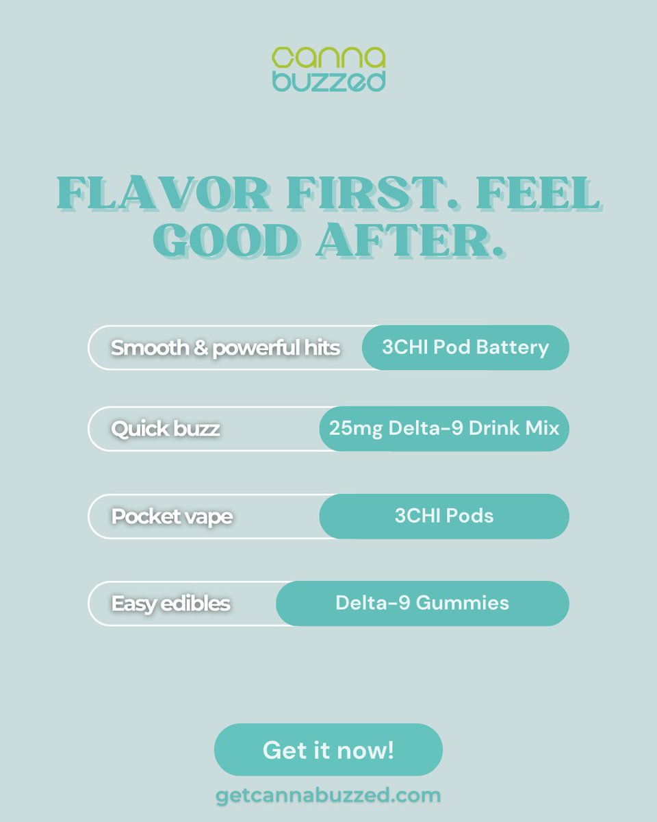 GetCannaBuzzed's tweet photo. Flavor first. Feel good after. ✨
Smooth hits, quick buzz, pocket vapes and easy edibles everything you love, all in one place at GetCannaBuzzed.
Find your vibe and feel it your way. Get it now.
#GetCannaBuzzed #Delta9Life #HempVibes #EdiblesAndVapes #FeelGoodMoments https://t.co/JrjowVJ8BK