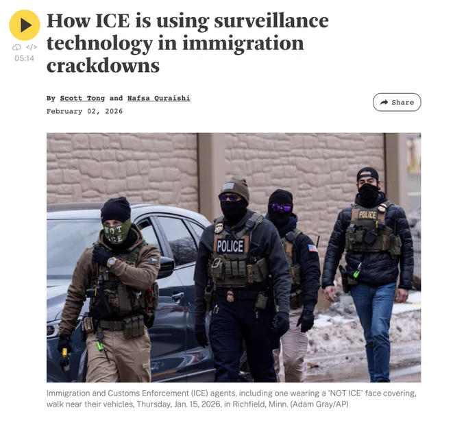 Here and Now screen capture: "How ICE is using surveillance tech in immigration crackdowns."