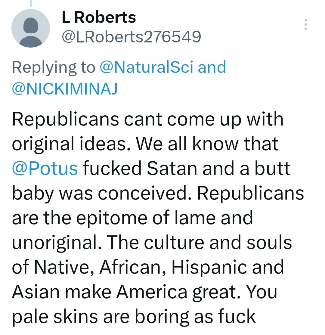 LRoberts276549's tweet photo. @NICKIMINAJ @GOP @NaturalSci The point will be made @X / @elonmusk  violate the First Amendment rights of Democrats by limiting the visibility of their posts. The platform promotes Republican and far right extremist positions. Save proof so a class action suit can be launched. https://t.co/ENUDix34t6