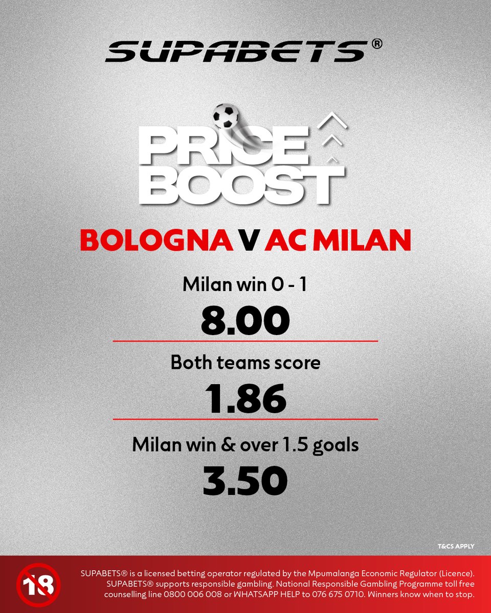 Supabets_mzansi's tweet image. BIG GAME FOR MILAN! The hosts will be tough but the visitors need to keep the pressure on INTER🫡⚽

🚀 bit.ly/3UvaGbC ✅

#PriceBoost #SerieA #BOLACM #Supabets

18+ / Bet Responsibly