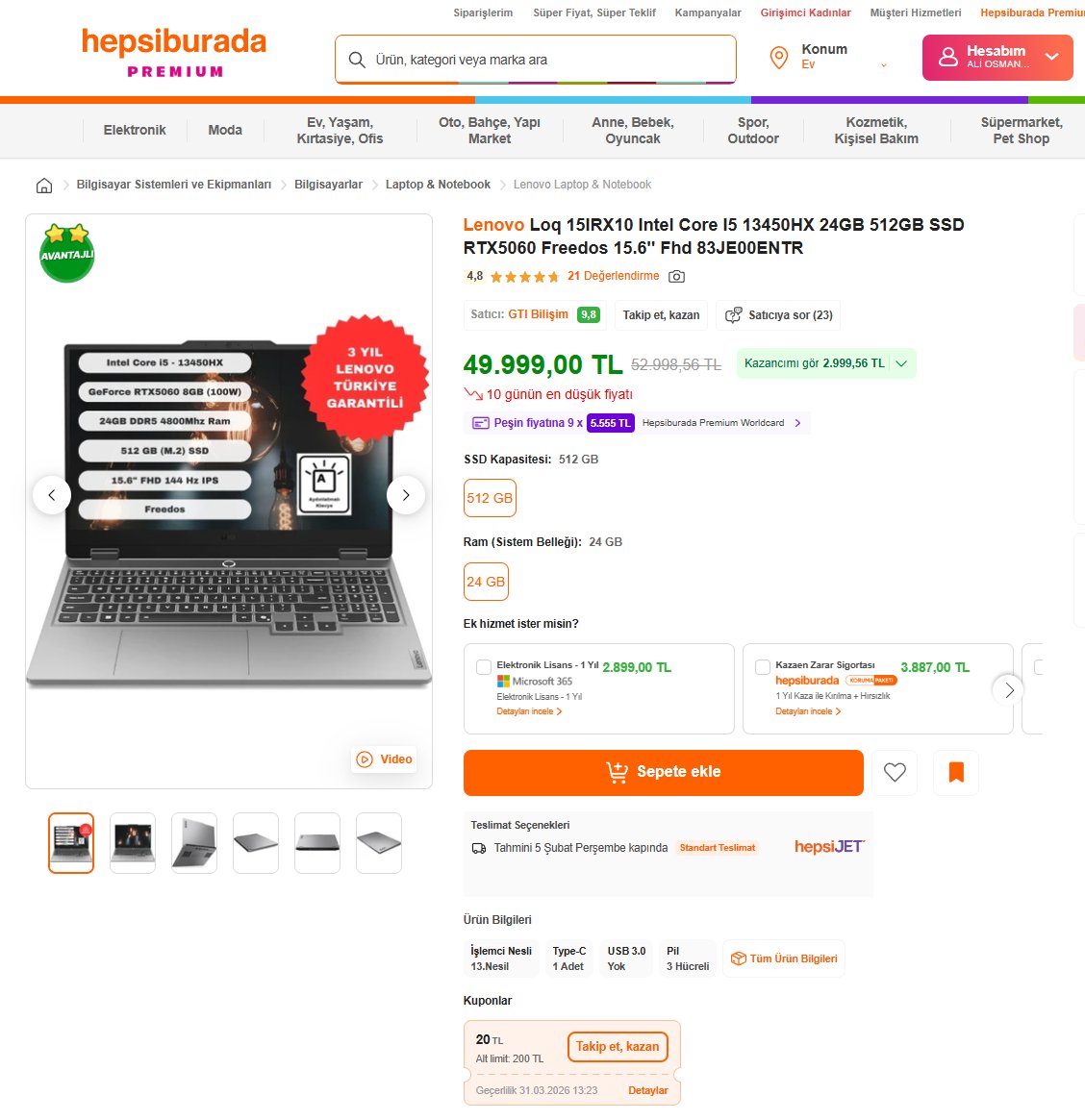 🔥🔥🔥49999₺ (💥%6 indirim - ✅ 3 yıl garantili) Lenovo LOQ 15IRX10 83JE00ENTR i5 13450HX RTX 5060 (8GB, 100W + Adv. Optimus) 24/512GB 15,6” FHD IPS 300nit %100sRGB 144Hz 25ms G-Sync ekran, 5MP kamera, 60Wh pil, 2,4kg, FDOS : app.hb.biz/oCRY3W2nbgbi 

#işbirliği #hepsiburada