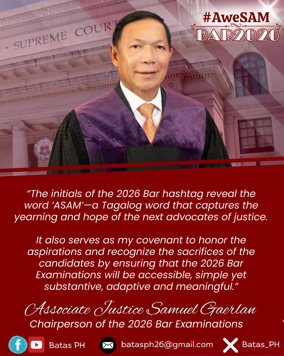 Batas_Ph's tweet image. GAERLAN: 2026 BAR WILL BE SIMPLE YET SUBSTANTIVE

Associate Justice Samuel Gaerlan, the 2026 Bar Exams Chair, vowed that this year’s licensure exams for lawyers will be simple yet substantive, honoring the aspirations and recognizing the sacrifices of future advocates of justice.