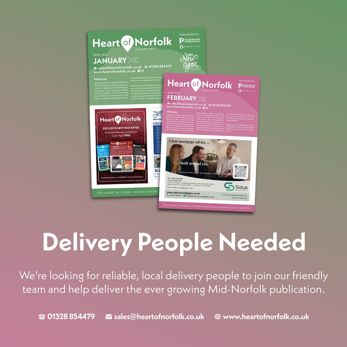 Our Mid-Norfolk publication needs delivering!

Monthly drop-offs, deliver to over 12,000 homes and businesses across the Heart of Norfolk region, good rates of pay, local routes and independent working.

Enquire today and take the first step towards joining our delivery team!