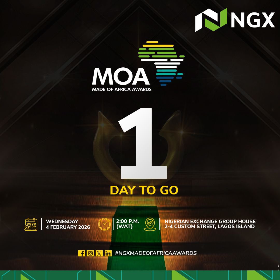 ngxgrp's tweet photo. 1 day to go

The 2025 Made of Africa Awards countdown is almost over. Tomorrow, we celebrate excellence, innovation, and the institutions shaping Africa’s capital markets.

NGX Group House, Lagos
4 February 2026

#NGXMadeOfAfricaAwards #MOA2026 #MadeOfAfrica #CapitalMarketExcellence