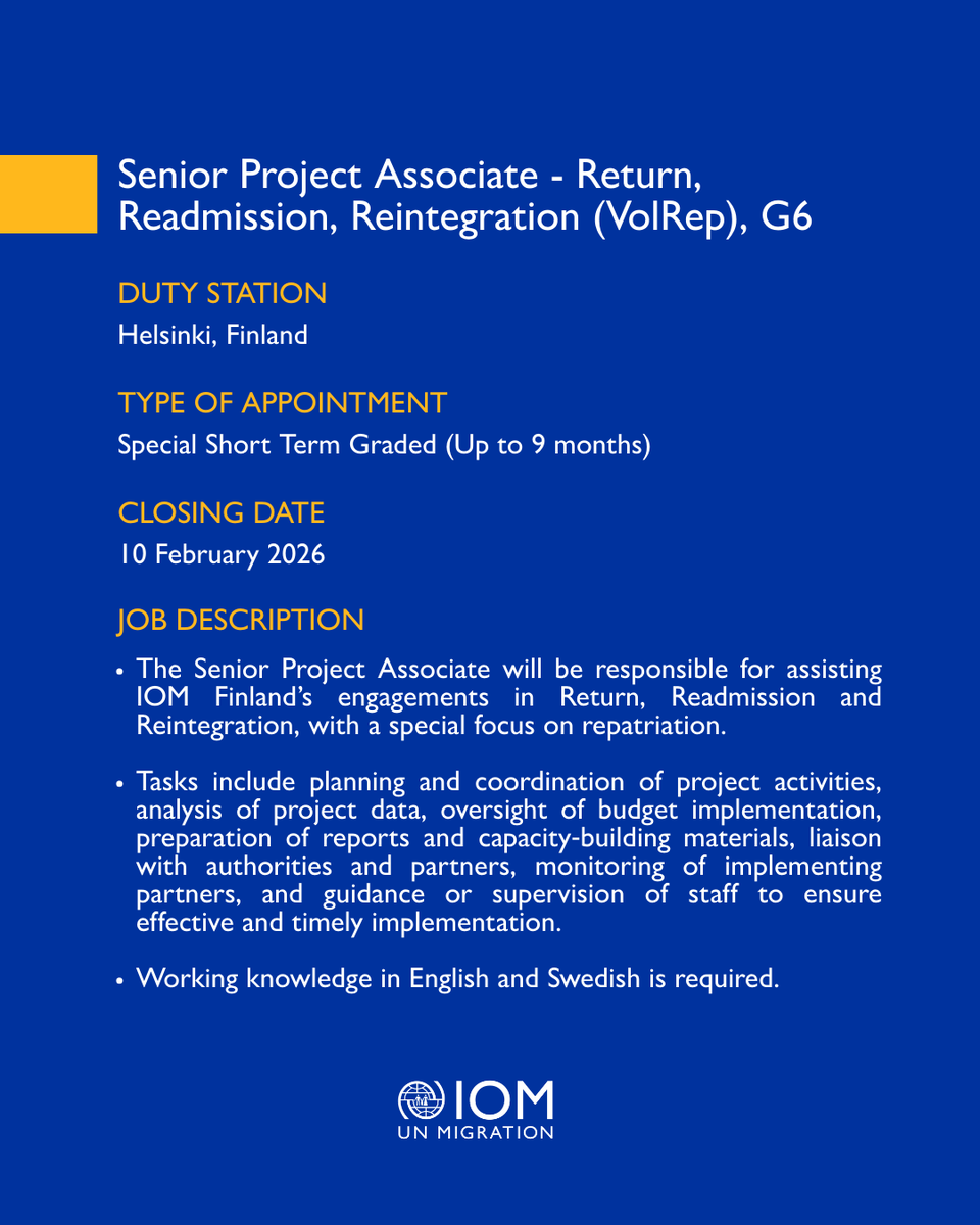 IOMFinland's tweet photo. Talar du svenska? Do you speak English? 🌎 Join our team in #Helsinki!
As a Senior Project Associate, you will support our engagements in #Return, #Readmission & #Reintegration, with a special focus on repatriation.
📅 Read more and apply by 10 February: https://t.co/6B05HKNA2W https://t.co/aX2TUtBuE9