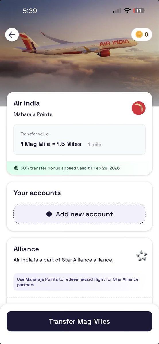 Magnify has added Air India (Maharaja Points) as a new transfer partner ✈️

🔥 Limited-time offer
• 1 Mag Mile = 1.5 Maharaja Points
• Valid till 28 Feb

⏳ Post-offer
• Transfer ratio drops to 1:1

Best time to move your points if Air India / Star Alliance redemptions are on