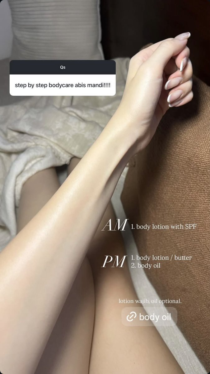 MAAF KENAPA BARU TAU SEKARANG 😭😭
Ternyata dari dulu mamah (Amanda Zahra) selalu bagi tips di story IG buat punya kulit cerah:

1. Kulit kering : Body butter + body oil
2. Perawatan pra nikah : Dewi Sri Spa
3. Wajah Cerah : Beauty Of Joseon
4. Komedoan/bruntusan : Masker kouru