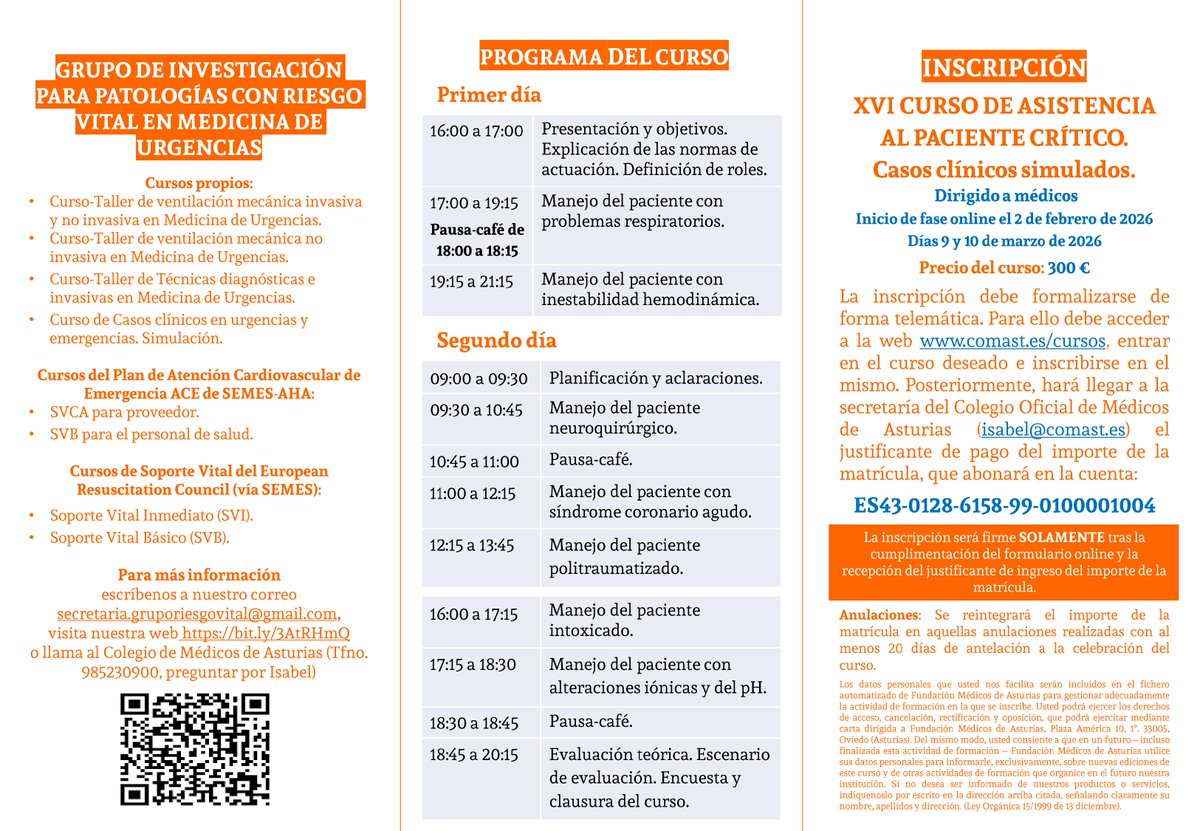 grvformacion's tweet photo. Solo quedan CINCO plazas para nuestro curso de asistencia al paciente crítico (9 y 10 de marzo). Si estás interesado/a no demores tu inscripción, pues la fase online ya ha comenzado este lunes. Info en secretaria.gruporiesgovital@gmail.com, y matrícula en https://t.co/PnTbbcL0D6. https://t.co/4kkTJ8n3ad
