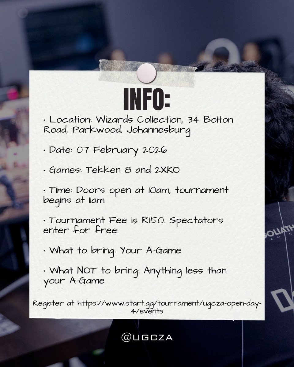 ugcza's tweet image. Wass good, FGC Gang✨️?!
Tekken players. 2XKO players.
It's almost time for Saturdays tournament, and so we bring you a bit more info on the event, as promised! 

See you on Saturday, homies🔥!

Register at: start.gg/tournament/ugc…

#Tekken #2XKO #UGCZA #ZAFGC #UGCZAOpenDay