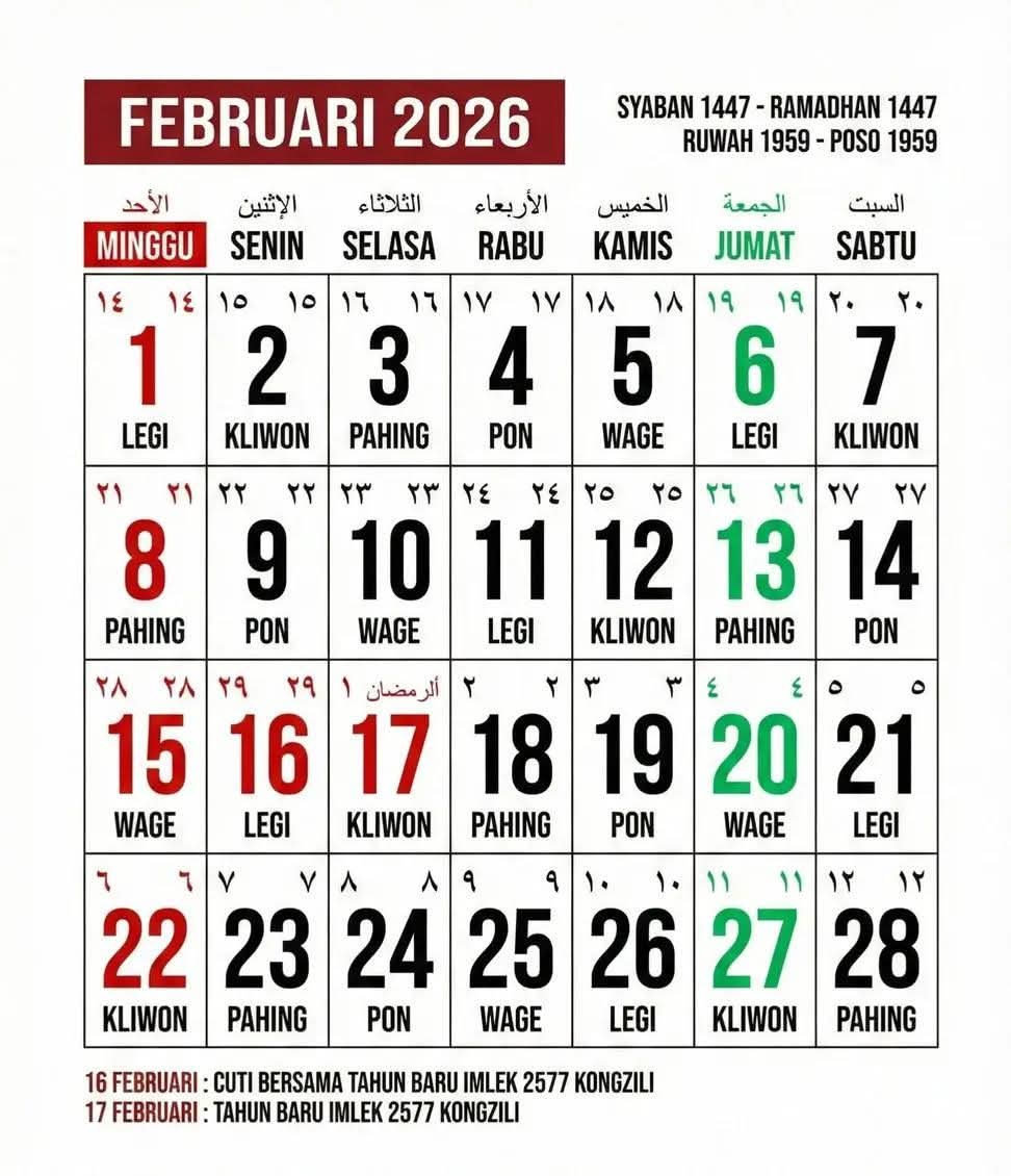 Bulan Februari 2026 ini unik banget:

Ada 4 hari Senin 
Ada 4 hari Selasa
Ada 4 hari Rabu 
Ada 4 hari Kamis
Ada 4 hari Jumat 
Ada 4 hari Sabtu 
Ada 4 hari Minggu

Ini hanya terjadi sekali tiap 823 tahun!