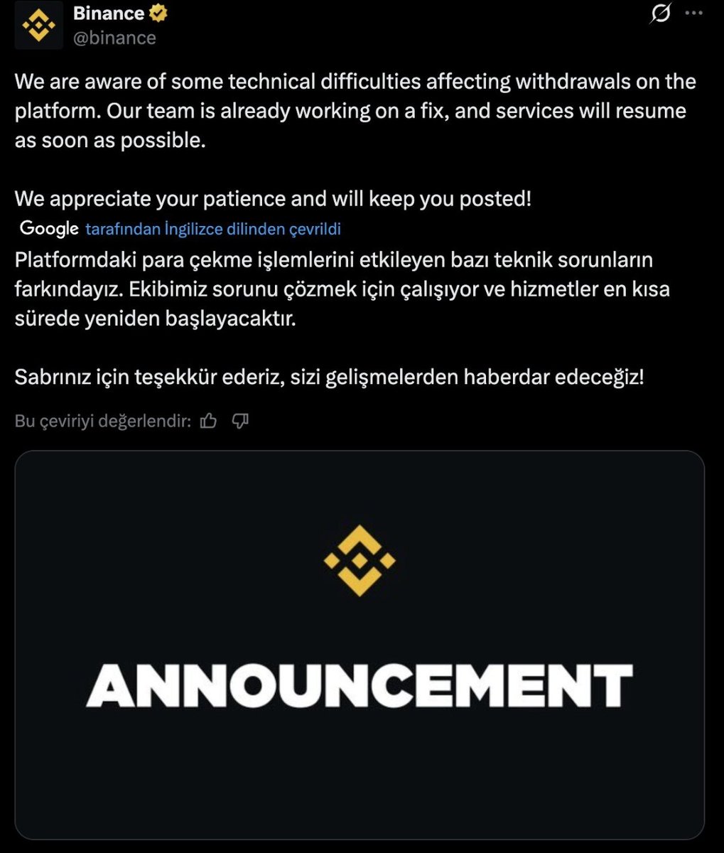 sekiz_crypto's tweet image. 🚨#SONDAKIKA :Kullanıcılarının toplu olarak varlıklarını çekmesi sonucu Binance para çekme işlemlerini engelledi!

Binance'de devam eden varlık çekme sorununa gelen şikayetler sonucu bugün resmi Binance hesabı "Teknik sorunlar"dan ötürü para çekimi yapılamadığını düzeltmeye…