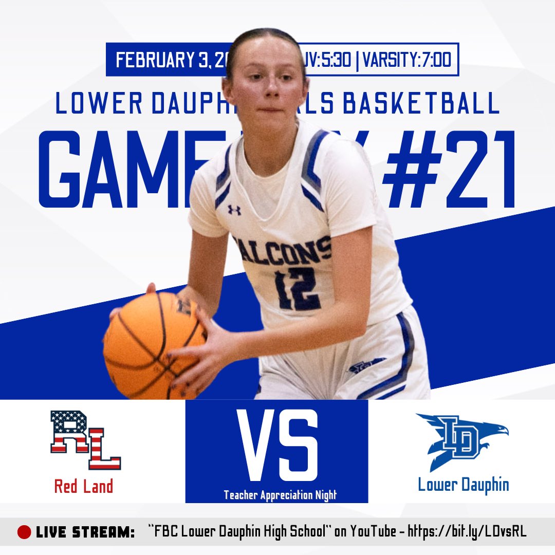 LDGB's tweet photo. It’s #GAMEDAY #21! Tonight’s home game is against Red Land (0-17) and is Teacher Appreciation Night!

🆚: @RedLand_AD 
📍: Hummelstown, PA
🗓️: Tuesday, February 3
🕠: 5:30pm (JV)
🕖: 7:00pm (Varsity)
🖥️: https://t.co/oaHRu6zatN

#Together | #PAGirlsHoops | #LDGB🏀 https://t.co/LeEBcU7nm1