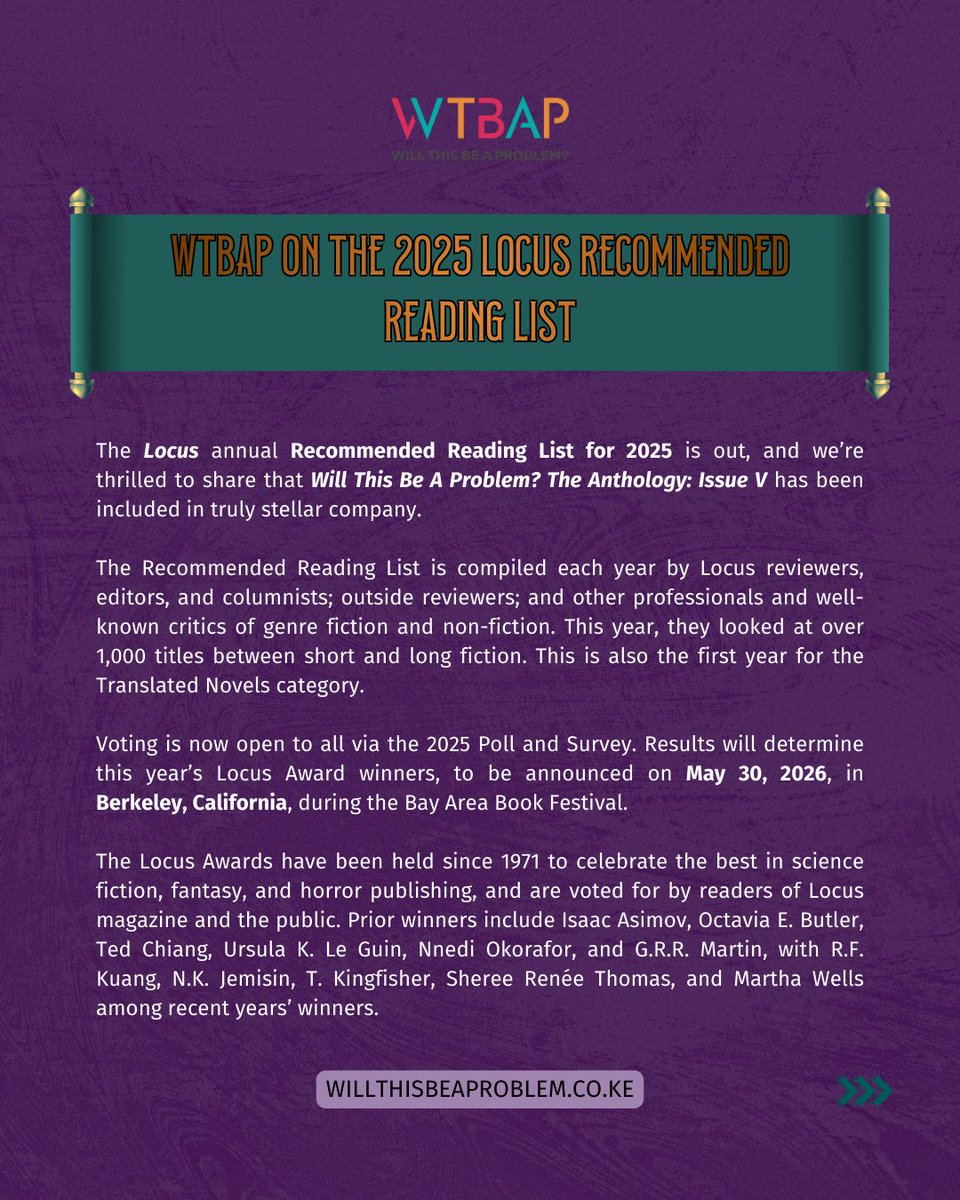 _WTBAP's tweet photo. Spotlight: 2025 Locus Recommended Reading List!  

We’re delighted to share that Issue V of Will This Be A Problem? The Anthology has made the 2025 Locus Recommended Reading List. Congratulations to everyone included. https://t.co/d1ks6u6epe