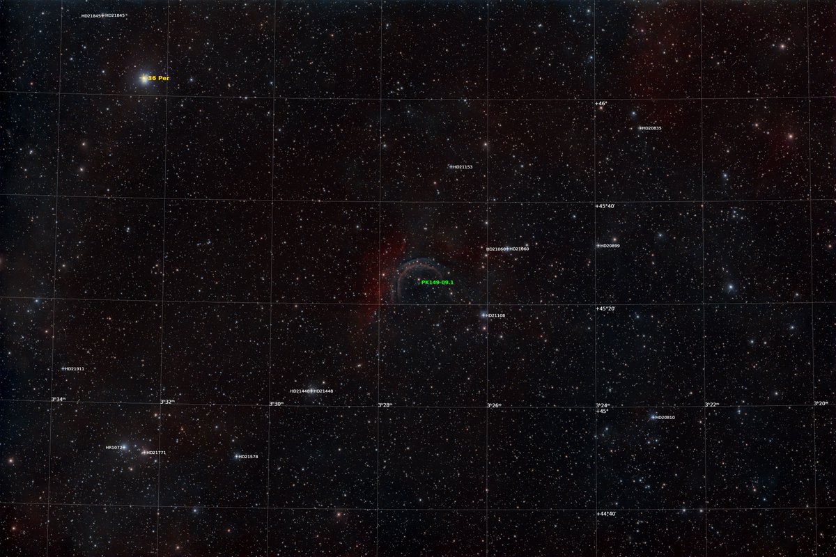 ohzak1's tweet photo. 惑星状星雲: HDW 3 (Hartl-Dengel-Weinberger 3, PK 149-09.1)
L-eXtreme F2
300s x 120, gain120
総露光時間10時間
割と淡いが,いい感じに仕上がった
中心星は明るい星の下の小さい星で,アノテーションの十字の中心の星
#RASA8 https://t.co/m9eQoJNVsZ