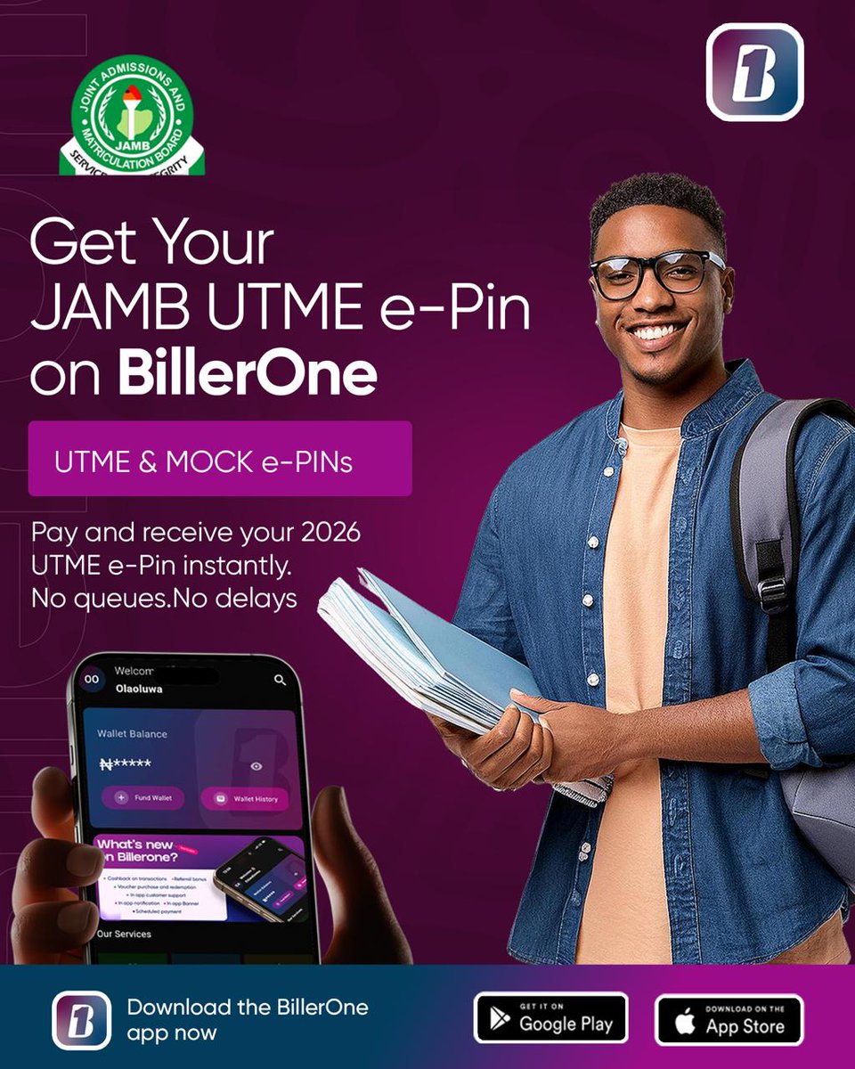 JAMB prep comes with enough pressure already.
Get your UTME and mock e-PIN on BillerOne and receive it instantly.

No queues. No waiting.

#BillerOne #JAMB2026 #UTME #ExamPrep #Nigerian