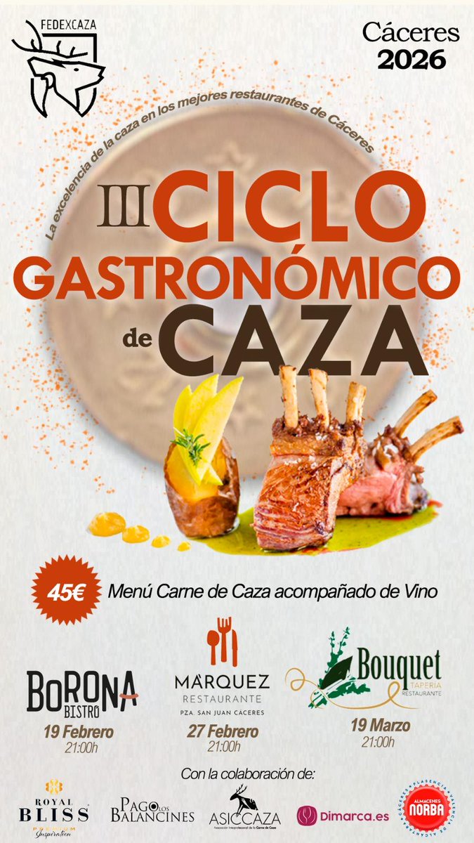 🥩🍷 FEDEXCAZA lanza en Cáceres la III edición del Ciclo Gastronómico de Carne de Caza, con menús degustación exclusivos en:

📍 Borona Bistró – 19 febrero
📍 Restaurante Márquez – 27 febrero
📍 Bouquet – 19 marzo

👉 Toda la info:
fedexcaza.com/fedexcaza-llev…
