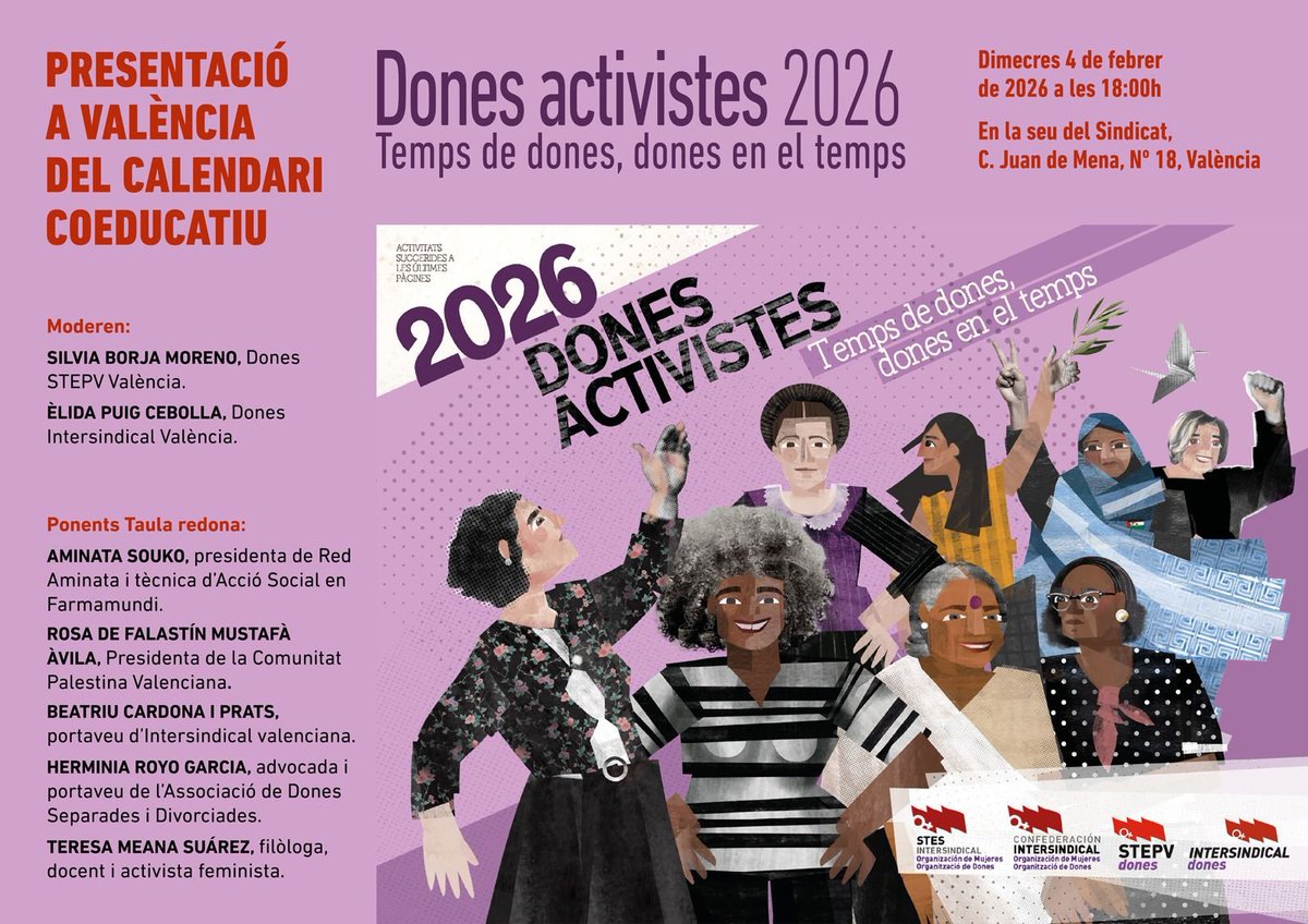 DonesIV's tweet photo. ‼️ATENCIÓ: NOVA DATA DE LA PRESENTACIÓ A VALÈNCIA DEL CALENDARI COEDUCATIU 2026.*

🗓️ 4 de febrer.

🕕 18:00 hores.

📍 València. 

🏛️  Carrer Juan de Mena,18.

✨ Temps de dones, dones en el temps.

💜 Dones activistes 2026.

*#CalendariCoeducatiu* https://t.co/WDzkFhEhUw