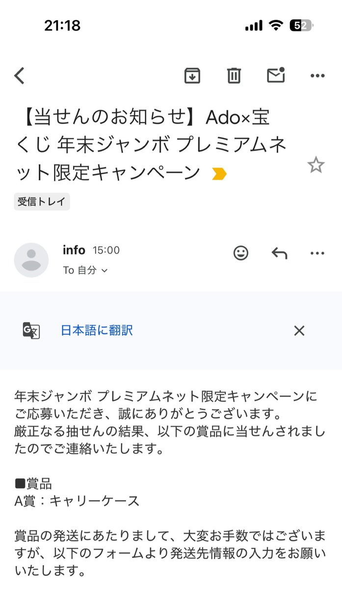 ま…まじか…年末ジャンボ宝くじ×Adoキャンペーンのキャリーケース当選