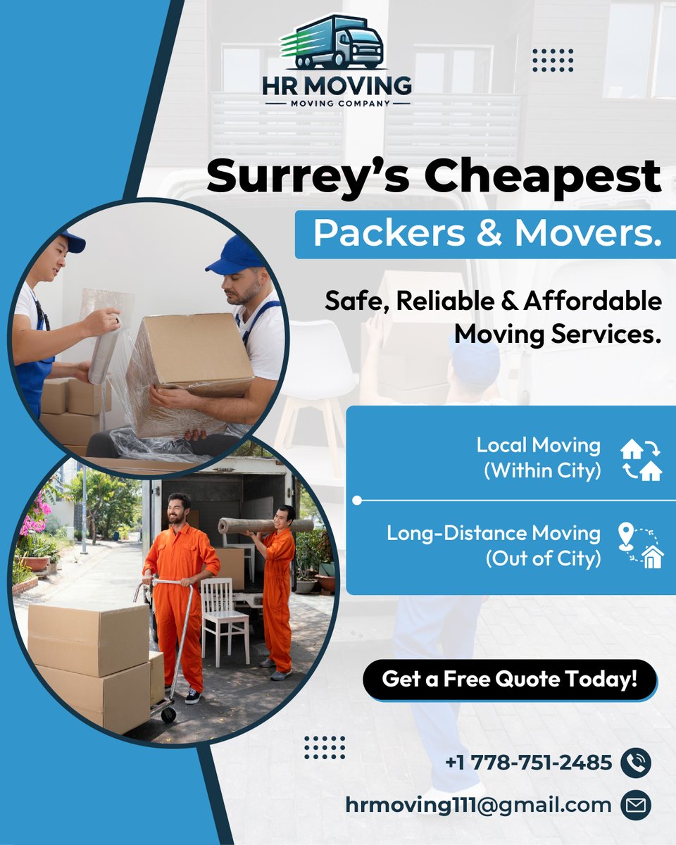 hrmoving1's tweet image. Surrey’s most affordable packers &amp;amp; movers. 
From within-city relocations to out-of-town moves, HR Moving ensures secure packing, timely delivery, and complete peace of mind.
📞 +1 778-751-2485
🌐 hrmoving.ca

#HRMoving #PackersAndMovers #SurreyMovers #MovingServices
