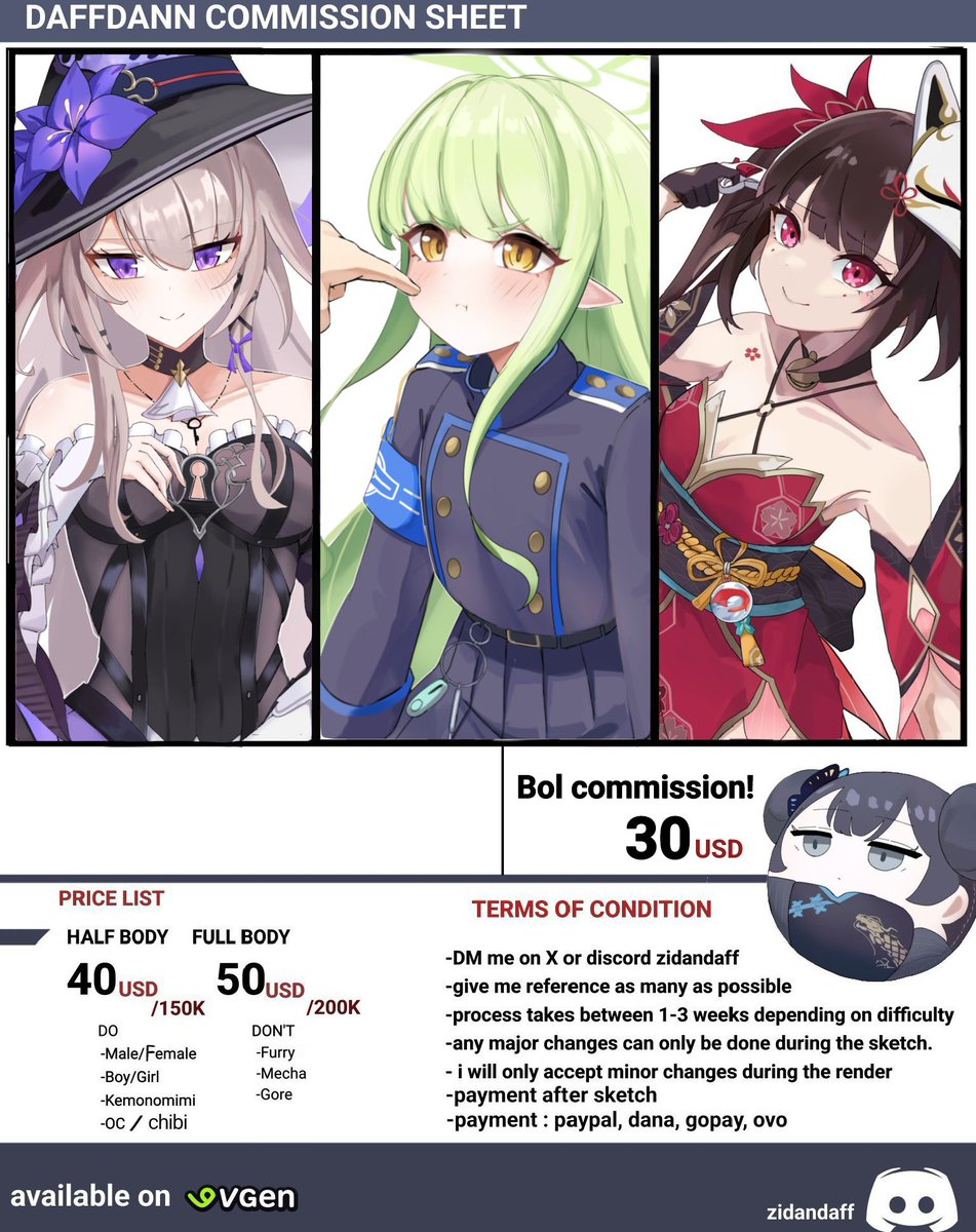 [Repost are very appreciated!!] 
 Hello! I'm opening 2 slots for commissions! For more info contact me on discord or through DM
Discord: zidandaff

Im available on VGen!
thank you so muuch^^

#commissionsopen #VGenComm