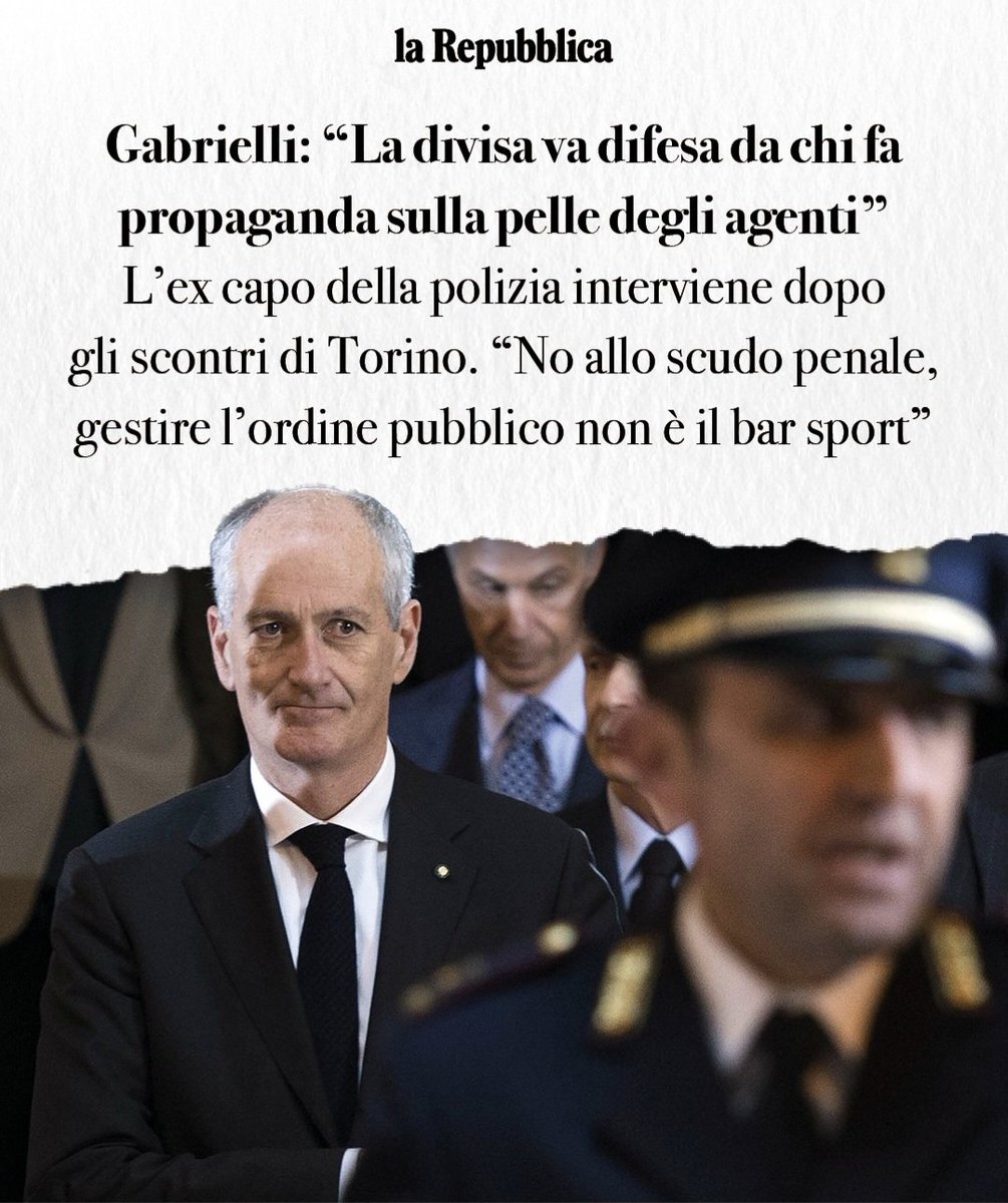 #francogabrielli ex capo della polizia: ""NO allo scudo penale"
Vi è chiaro <a href="/GiorgiaMeloni/">Giorgia Meloni</a> <a href="/LegaSalvini/">Lega</a> <a href="/Antonio_Tajani/">Antonio Tajani</a> <a href="/Piantedosim/">Matteo Piantedosi</a>? "Gestire l'ordine pubblico non è il bar dello sport"  se non si è  in grado di occuparsene, almeno evitate la solita propaganda inutile e dannosa