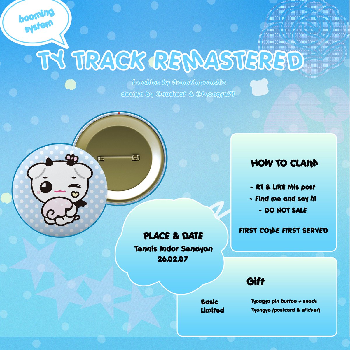 ❥･•ᐟ TY TRACK REMASTERED at Jakarta ☻

freebies by <a href="/CooKiePeachie_/">❥･• CooKie Peachie 🍪🍑</a> 
ㄴtyongya pin 44mm / 58mm ˃ᴗ˂
♡ snack , postcard and tyongya sticker [limited]
ㄴspecial thanks to <a href="/nudicat/">누디</a> <a href="/tyongya71/">툥야</a> 🤍

📍Tennis Indoor 07 02 26

pls rt~

 #태용 #TY_TRACK_REMASTEREDinJakarta
